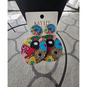 Kay Lee Round Floral Beaded Earrings New